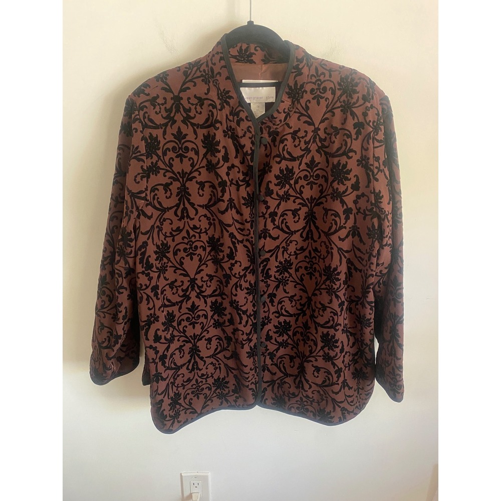 Susan Graver Style Brown Black Velvet Damask Jacket & Tank Set Womens 1X Plus